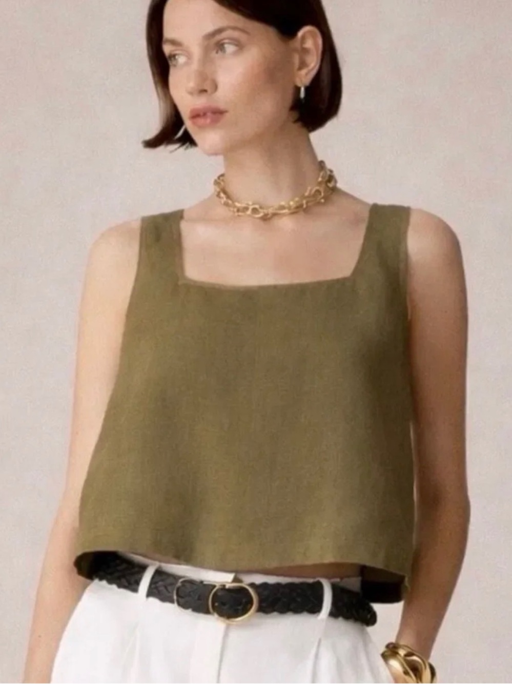 J. Crew Linen Square Neck Button Back Tank Top Small Dusty Fatigue